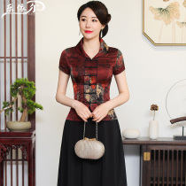 Summer silk womens Tang suit modified short-sleeved cheongsam top Chinese color daily mother dress wedding dress