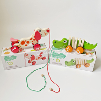 Cartoon Animal Wooden Puppy Crocodile Hand Push Tow Car Pull Wire Pull Rope Infant 0-1 Year Old Walker Toy
