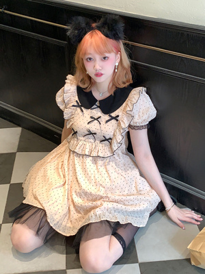 taobao agent Mori Women's original want to go to the beach sweet wine cocoa in summer pink sweet wave dot short sleeve dress