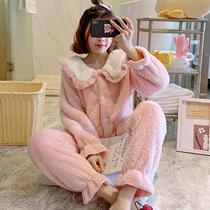 Coral velvet pajamas womens autumn and winter thickened cute Korean sweet princess style home clothes flannel suit
