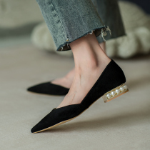 M L Monroe small fragrance thick heel single shoes All-match shallow low heel soft leather flats pointed sweet womens shoes