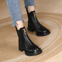 ML Monroe handsome to fly ~ 2021 new leather front zipper Martin boots female English style thick soles short boots