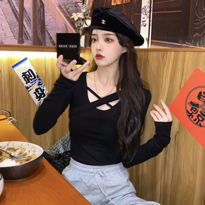 taobao agent Autumn jacket, design bra top, black long-sleeve, T-shirt, 2023 collection, trend of season, fitted
