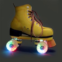 Adult double row skates Childrens mens and womens pattern four-wheel wear-resistant anti-fur skates roller skates yellow flash wheel