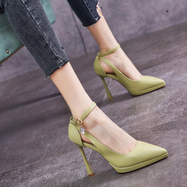 10cm sexy one-word buckle with waterproof table pointed ultra-high heel shallow hollow green single shoe womens thin heel 2021