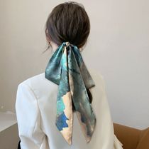 Retro French bow braided hair scarf hair band female tie scarf with headscarf long ribbon oil painting Joker spring and autumn