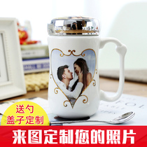 Creative DIY custom photo cup Mug cup Ceramic cup Couple water cup Non-discolored cup with lid to send spoon