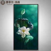 Lotus hand-painted oil painting modern simple living room decoration painting large new Chinese vertical porch mural Flower hanging painting