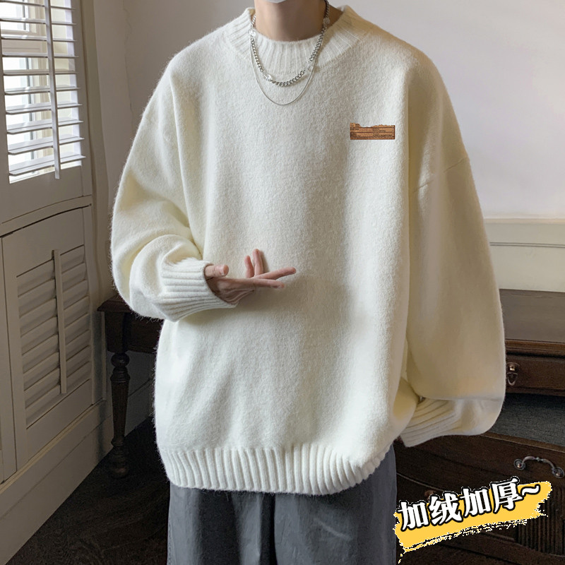 Sweater men's autumn and winter plush and thickened trendy brand Japanese knit sweater 2023 large size sweater loose inner layer clothing