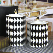 Modern simple sugar can ceramic jar ornaments black and white grid model room storage jar model room European style creative can can