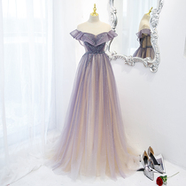 Evening dress womens summer banquet high-end high-end sense 2021 new host heavy industry word shoulder fairy yarn skirt long section