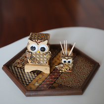 Japan Hakone sent Wood fine work owl toothpick box cute retro wooden handmade floral floral can Creative