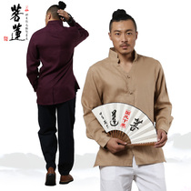 Bodhi Lotus collar shirt men Autumn Spring Tang suit retro National linen mens shirt Chinese style mens clothing