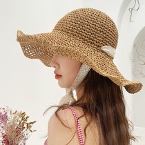 Hats female ins Small fresh Raffia straw hat Summer bow vacation beach hat Large along folding visor tide
