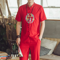 Chinoiserie set men loose embroidered Hanfu short-sleeved T-shirt top trend Tang dress men summer cropped pants men
