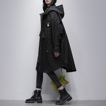 Black windbreaker women long 2021 Autumn New Korean long sleeve hooded fashion loose slim casual coat