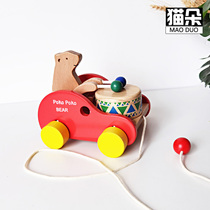  Dragging toddler toys Men and women baby early education drum car 1-2-3 years old childrens cable wooden push-pull car