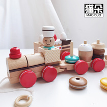 Dragging toddler toy car Childrens House children toy educational wooden multifunctional set Post drawstring baby