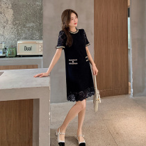 Blue Language Big Code Woman Dress Fat Sister Mm Name Yuan Temperament Lace Little Black Dress 2022 Summer New Cover Dress Dress