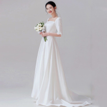 French middle sleeve light wedding dress 2021 new white satin tailing wedding welcome dress go out yarn main wedding winter