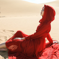 Europe station summer new travel shot desert red long dress hooded large swing chiffon dress seaside holiday beach skirt
