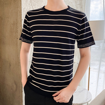 Striped T-shirt Mens short-sleeved summer fashion slim-fit tide brand T-shirt Half-sleeve base shirt Ice silk sweater