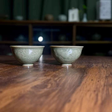竹河】中国古美術 中国 宋代 耀州窯 青磁 盃 茶碗 茶道具 骨董 時代物
