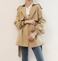 Korean retro windbreaker female lapel khaki waist lantern sleeve double-breasted coat temperament long thin tide