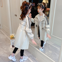 Girls windbreaker coat spring and autumn clothing 2021 new middle and Big Boy English style long loose casual top
