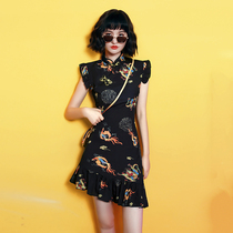 National tide cheongsam 2021 new summer improved girl young black fishtail skirt small fried street short section