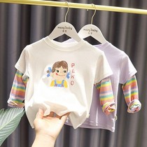 1-5 years old baby girl cute cartoon base shirt baby girl child autumn girl foreign style fake two rainbow sleeve t-shirt