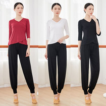 Modal dance practice suit womens suit slim body suit dancing mid-sleeve dress black modern dance micro-lathe pants V-collar