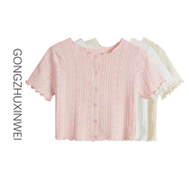 Solid color short-sleeved T-shirt womens round neck high waist summer bm wind design sense niche wooden ear edge short knitted top