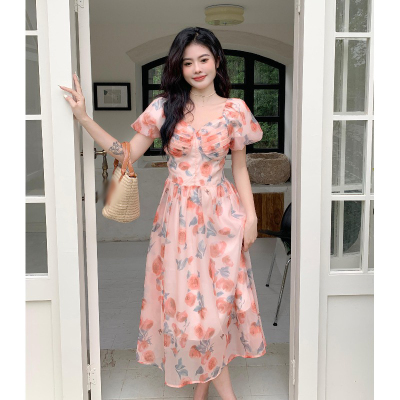 taobao agent Summer advanced dress, plus size, french style, V-neckline, puff sleeves, flowered, high-quality style