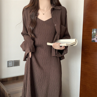 taobao agent Slip dress, cardigan, set, plus size, autumn