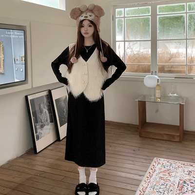 taobao agent Advanced knitted dress, demi-season sweater, vest, cardigan, set, plus size, fitted, high-quality style