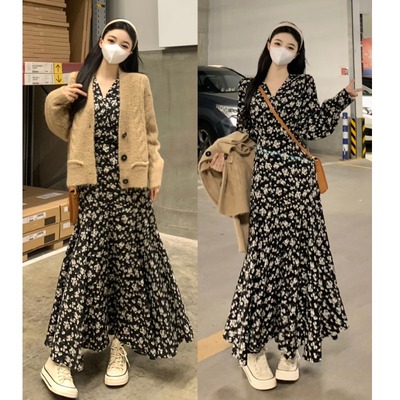 taobao agent Dress with sleeves, set, plus size, high waist, floral print, long sleeve, 2023 collection, autumn
