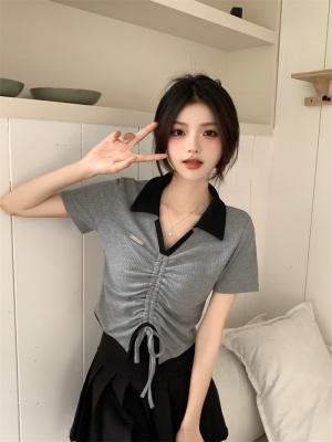 taobao agent Summer short sleeve T-shirt, short jacket, plus size, V-neckline, drawstring, fitted