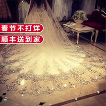 New Shake Tone Wedding Dress Korean Long Tail Shiny 5 m Lace Super Long Bride European Super Fairy Headdress Headdress Yarn