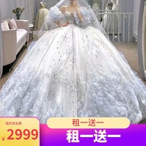 Rental wedding dress 2020 new temperament heavy industry 2021 starry sky French word shoulder lace dress rental big tail