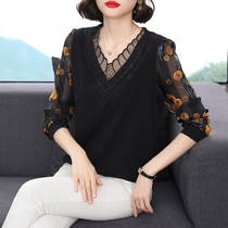 Top size womens high-end Western style V neck neck long sleeve base shirt embroidery cover belly hidden meat chiffon shirt