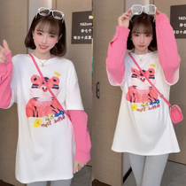 Pregnant woman T-shirt blouses in spring and autumn cute and reduced-age fashion suit outside wearing sweatshirt bottom pants temperament casual two sets