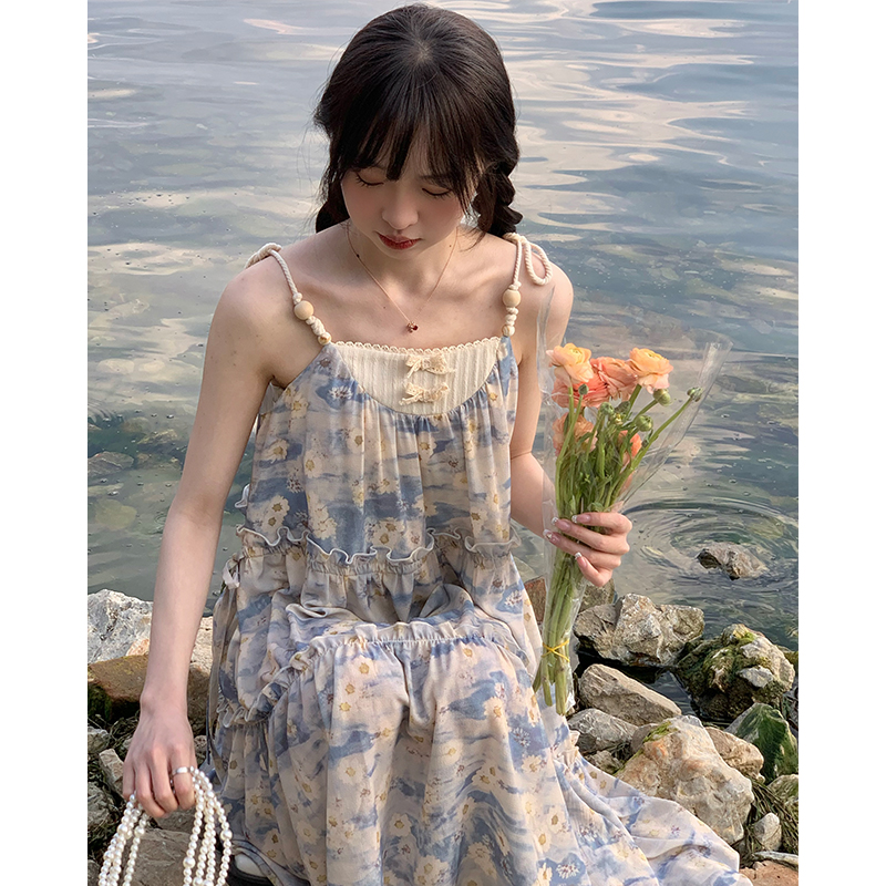 Can Shidosho スカート レディース 2024 春の新作 休暇 油絵風 甘い花柄サスペンダードレス