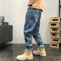 Tide brand American vintage jeans mens loose straight big size fat ankle-length pants autumn winter casual trousers