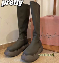 Li Wanjun same gray green thick bottom boots female side zipper round head boots but knee high boots Knight boots