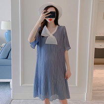Pregnant woman Even dress for summer clothing Snow spinning short sleeves Long paragraph 100 pleats in Korean version Butterfly knot relaxed spicy pregnant woman Fan