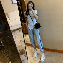 Casual Sports Suit Womens Summer 2022 New Fashion Foreign Air Fried Street Display Slim Running Bunch pants Two sets