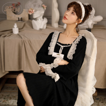 Qingtong Sleeping Skirt Woman Summer Pure Cotton Short Sleeve Black Princess Wind Easy Pregnant Woman Big Code Spring Autumn Long Sleeve Sleeping Suit Suit