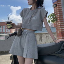 Casual Sports Suit Women Design Sensation Small Crowdnet Red Minus-Age Fried Street Loose Short Sleeve Wide-leg Shorts Two Sets Summer