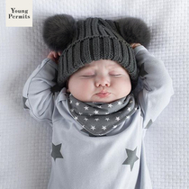 Newborn baby hat ins autumn and winter 0-6 months rabbit hair ball male and female baby cute super cute baby wool hat